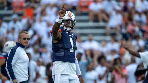 Auburn quarterback TJ Finley reacts pregame before Auburn vs Mercer.